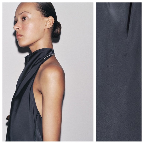 NWT. Zara ZW Collection Petrol Blue Satin Effect Halter Top. Size XS. - Picture 3 of 10